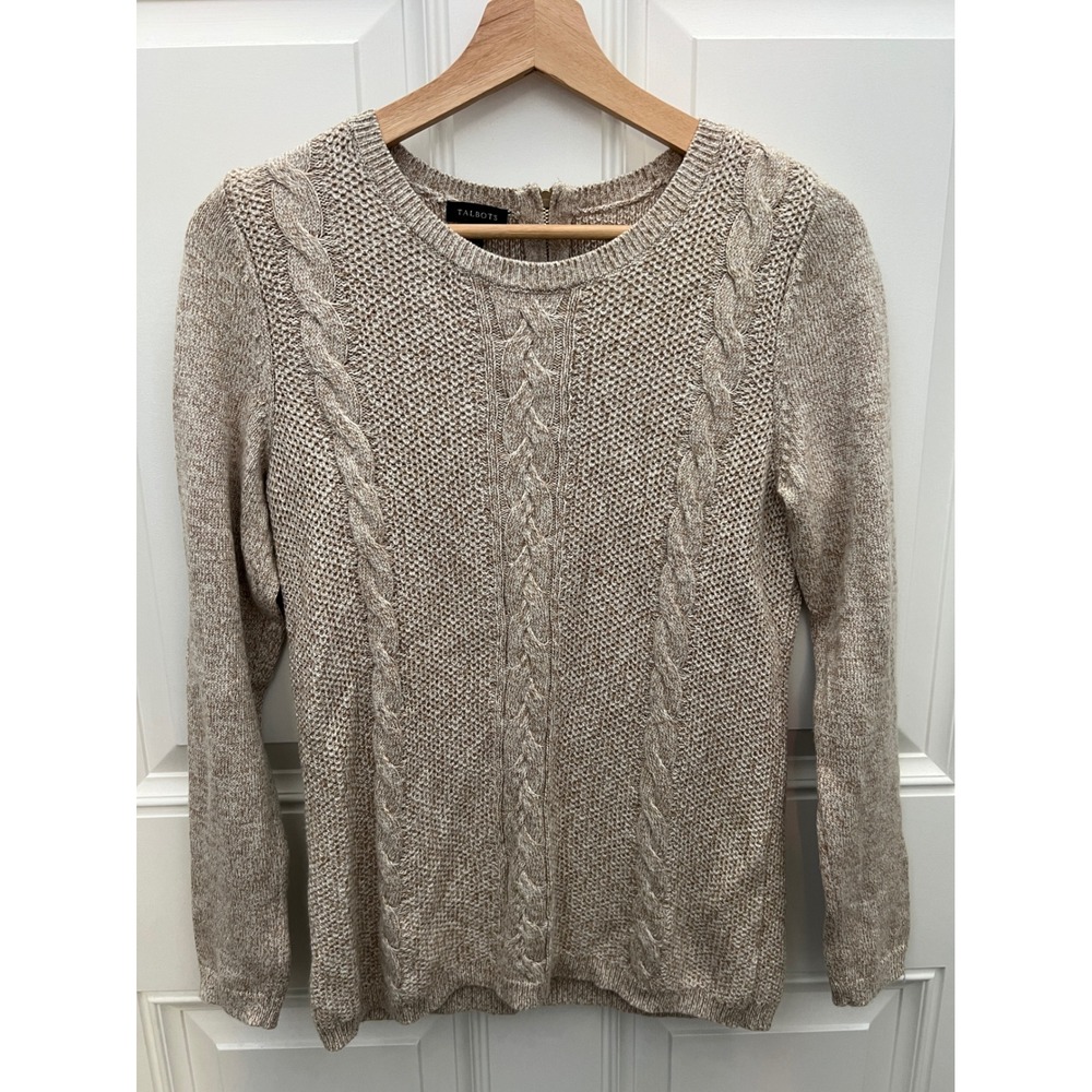 Talbots Womens Beige Cable Knit Back Zip Cotton Blend Sweater Small